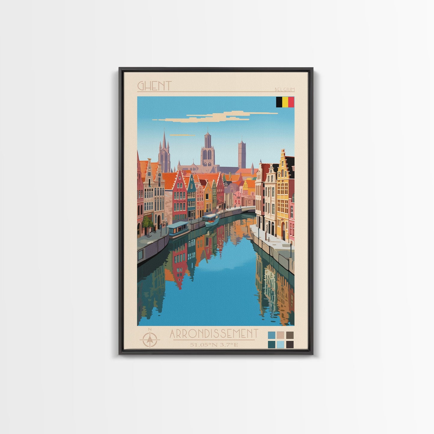 Ghent Belgium Travel Poster Framed Canvas Print, Midcentury Modern Art, Pop Art Wall Decor, Scenic Wall Art, Living Room Decoration, Office Art