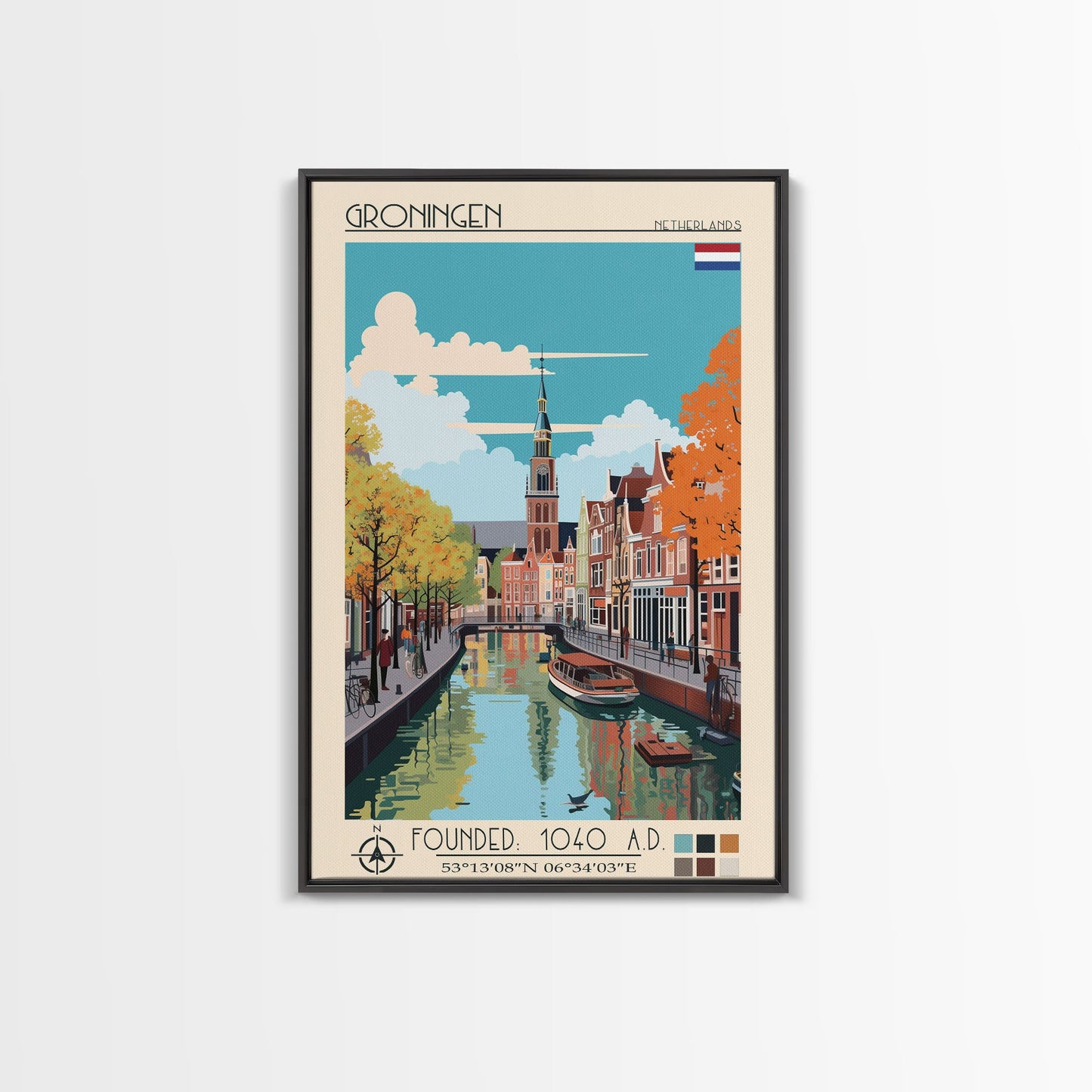 Groningen Netherlands Travel Poster Framed Canvas Print, Midcentury Modern Art, Pop Art Wall Decor, Scenic Living Room Art, Bedroom Gift