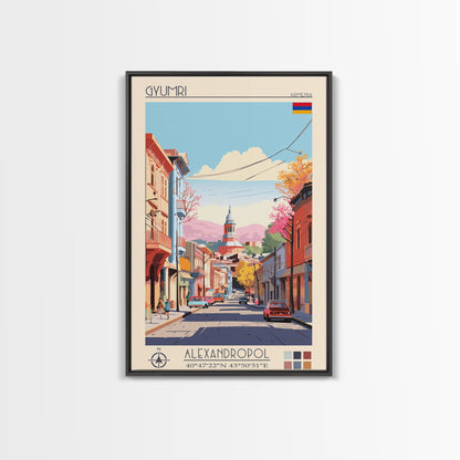 Gyumri Armenia Travel Poster Framed Canvas Print, Midcentury Modern Art, Pop Art Wall Decor, Home Decor, Vacation Gift, Bedroom Art
