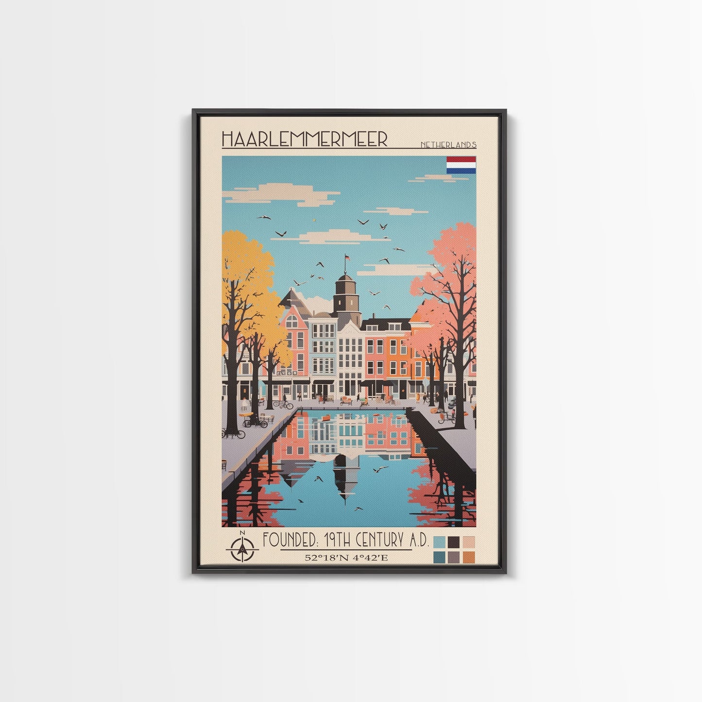 Haarlemmermeer Netherlands Travel Poster Framed Canvas Print, Midcentury Modern Art, Pop Art Wall Decor, Scenic Wall Art, Living Room Decoration, Office Art