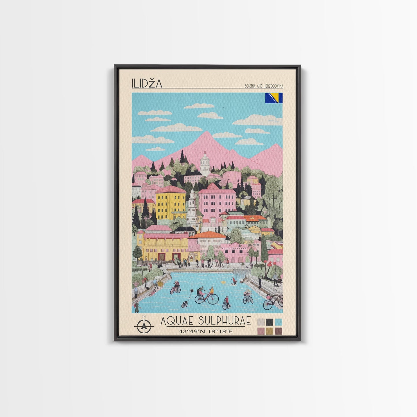 Ilidža Bosnia and Herzegovina Travel Poster Framed Canvas Print, Midcentury Modern Art, Pop Art Wall Decor, Scenic Wall Art, Bedroom Decoration