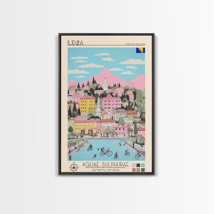 Ilidža Bosnia and Herzegovina Travel Poster Framed Canvas Print, Midcentury Modern Art, Pop Art Wall Decor, Scenic Wall Art, Bedroom Decoration