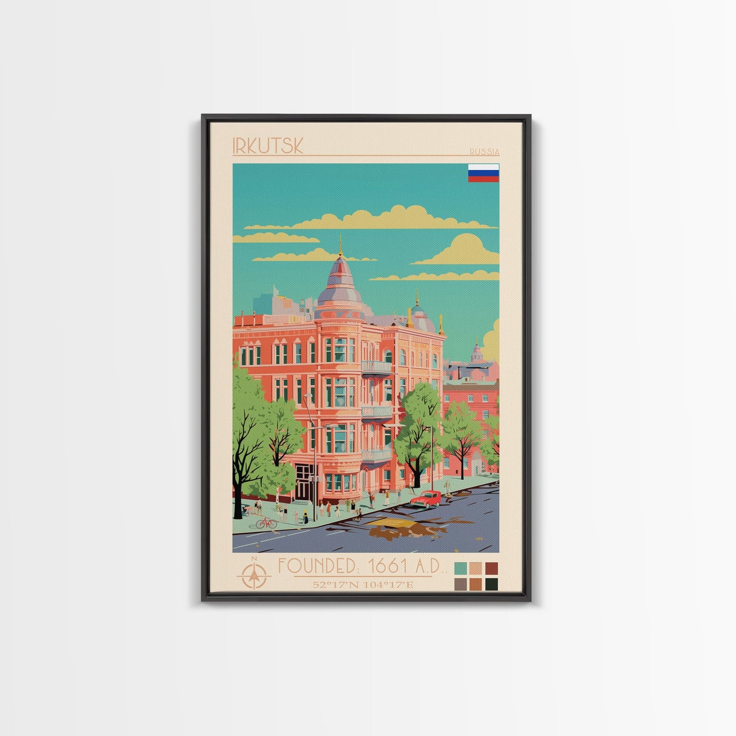 Irkutsk Russia Travel Poster Framed Canvas Print, Midcentury Modern Art, Pop Art Wall Decor, Scenic Bedroom Art, Office Decoration