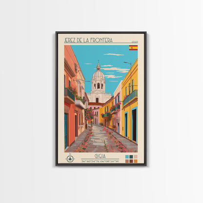 Jerez de la Frontera Spain Travel Poster Framed Canvas Print, Midcentury Modern Art, Pop Art Wall Decor, Scenic Bedroom Art, Office Decoration