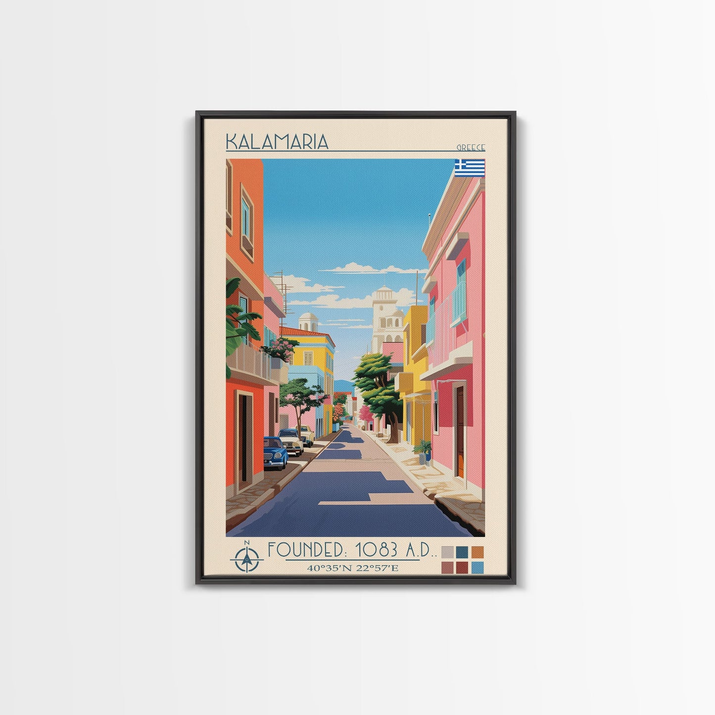 Kalamaria Greece Travel Poster Framed Canvas Print, Midcentury Modern Art, Pop Art Wall Decor, Scenic Wall Art, Living Room Decoration, Office Art