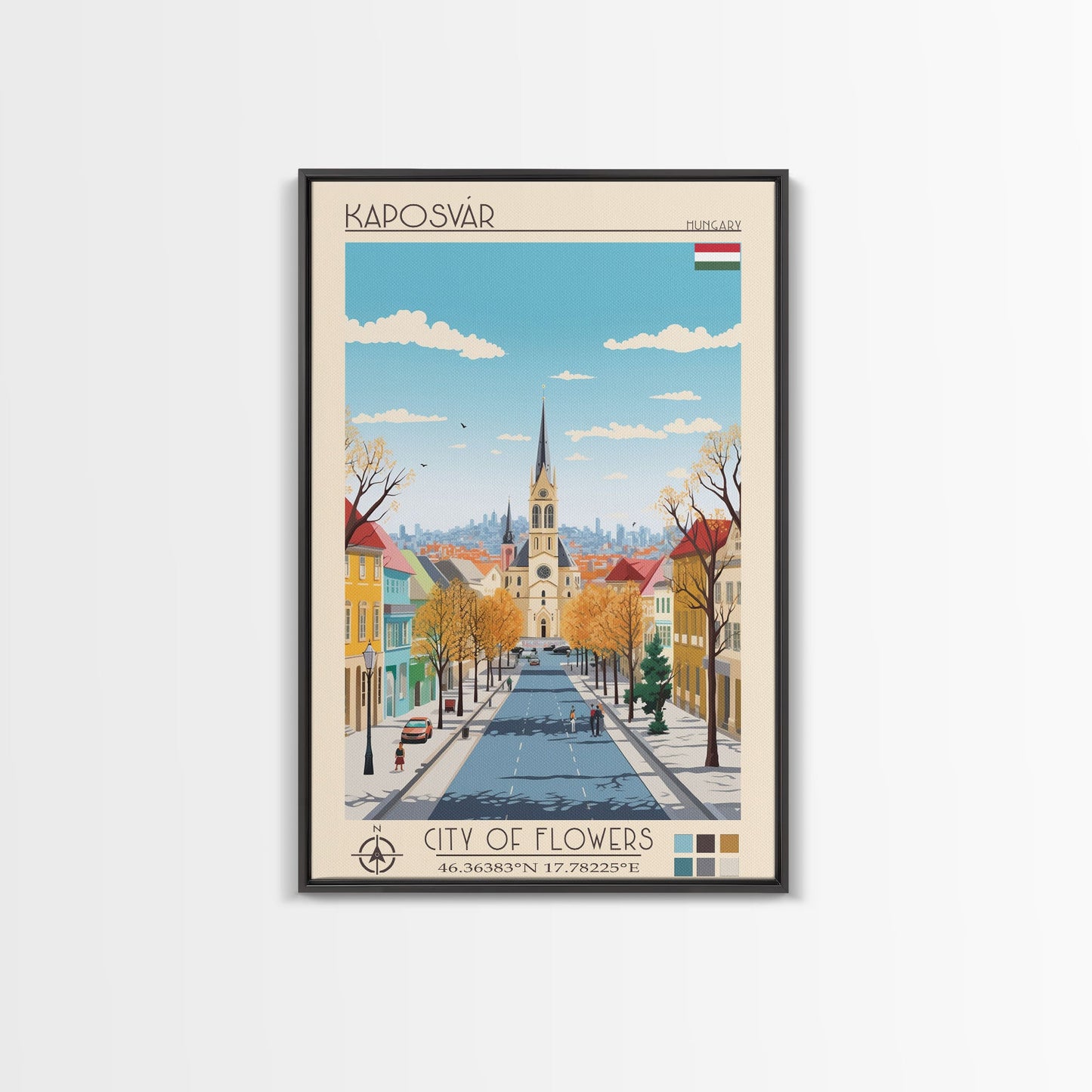 Kaposvár Hungary Travel Poster Framed Canvas Print, Midcentury Modern Art, Pop Art Wall Decor, Scenic Bedroom Art, Office Decoration