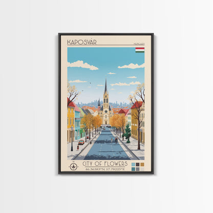 Kaposvár Hungary Travel Poster Framed Canvas Print, Midcentury Modern Art, Pop Art Wall Decor, Scenic Bedroom Art, Office Decoration