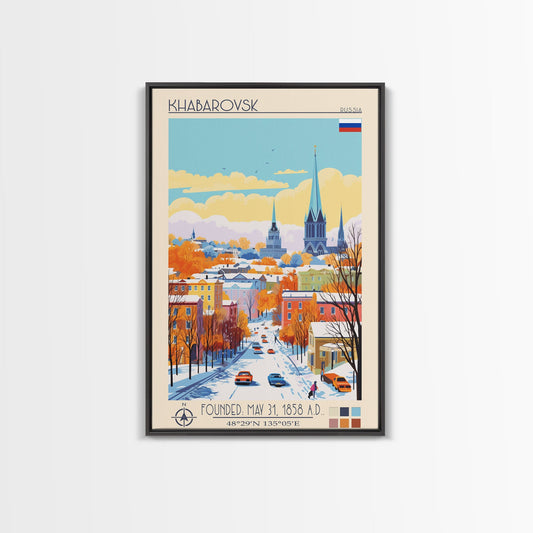 Khabarovsk Russia Travel Poster Framed Canvas Print, Midcentury Modern Art, Pop Art Wall Decor, Home Decor, Vacation Gift, Office Art