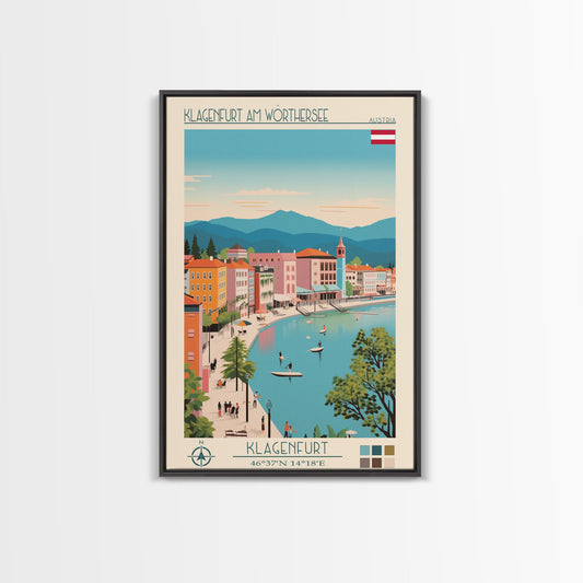 Klagenfurt am Wörthersee Austria Travel Poster Framed Canvas Print, Vintage Style, Pop Art Home Decor, Scenic Wall Art, Bedroom Decoration, Office Gift