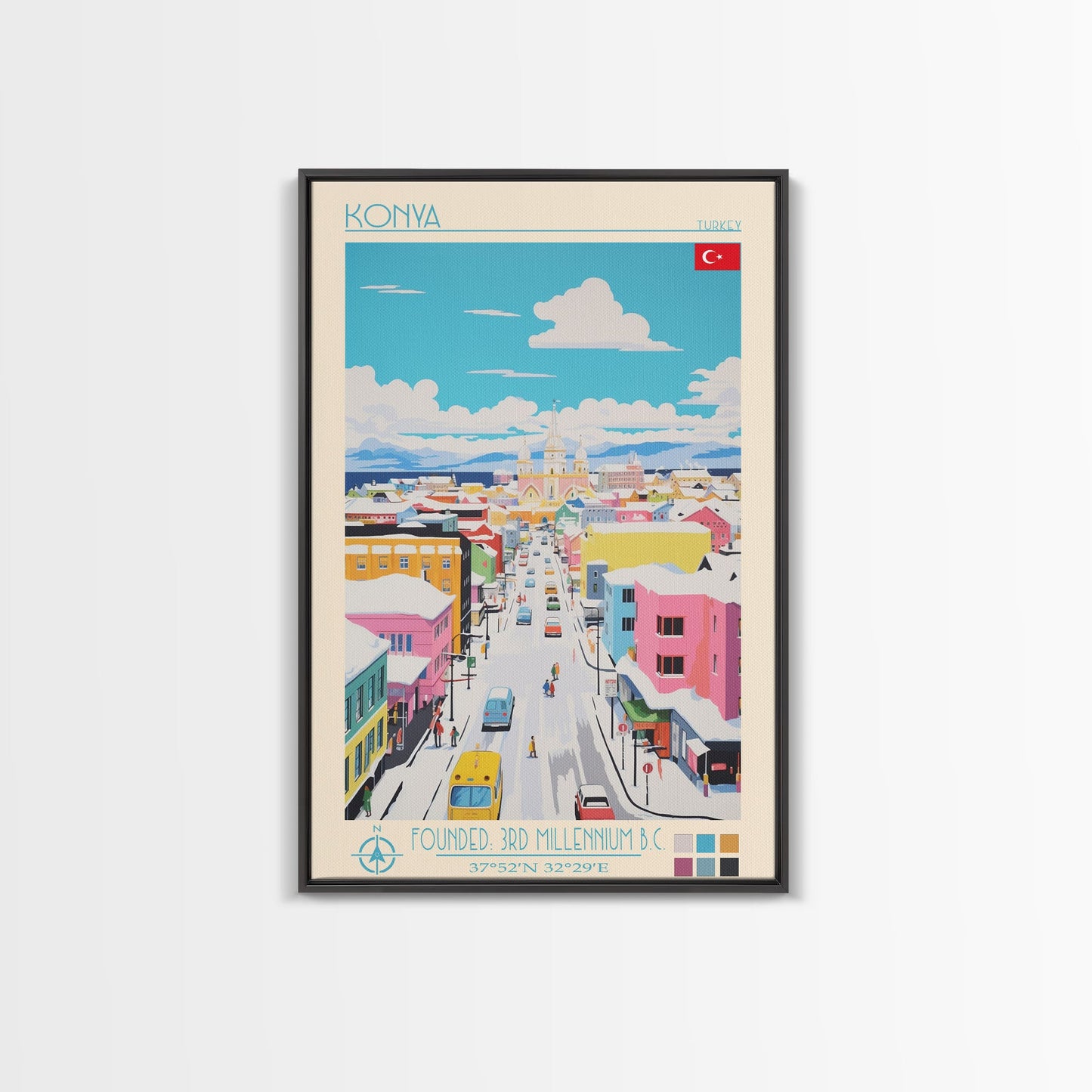 Konya Turkey Travel Poster Framed Canvas Print, Midcentury Modern Art, Pop Art Wall Decor, Scenic Wall Art, Living Room Decoration, Office Art