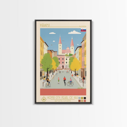 Kranj Slovenia Travel Poster Framed Canvas Print, Midcentury Modern Art, Pop Art Wall Decor, Scenic Wall Art, Bedroom Decoration