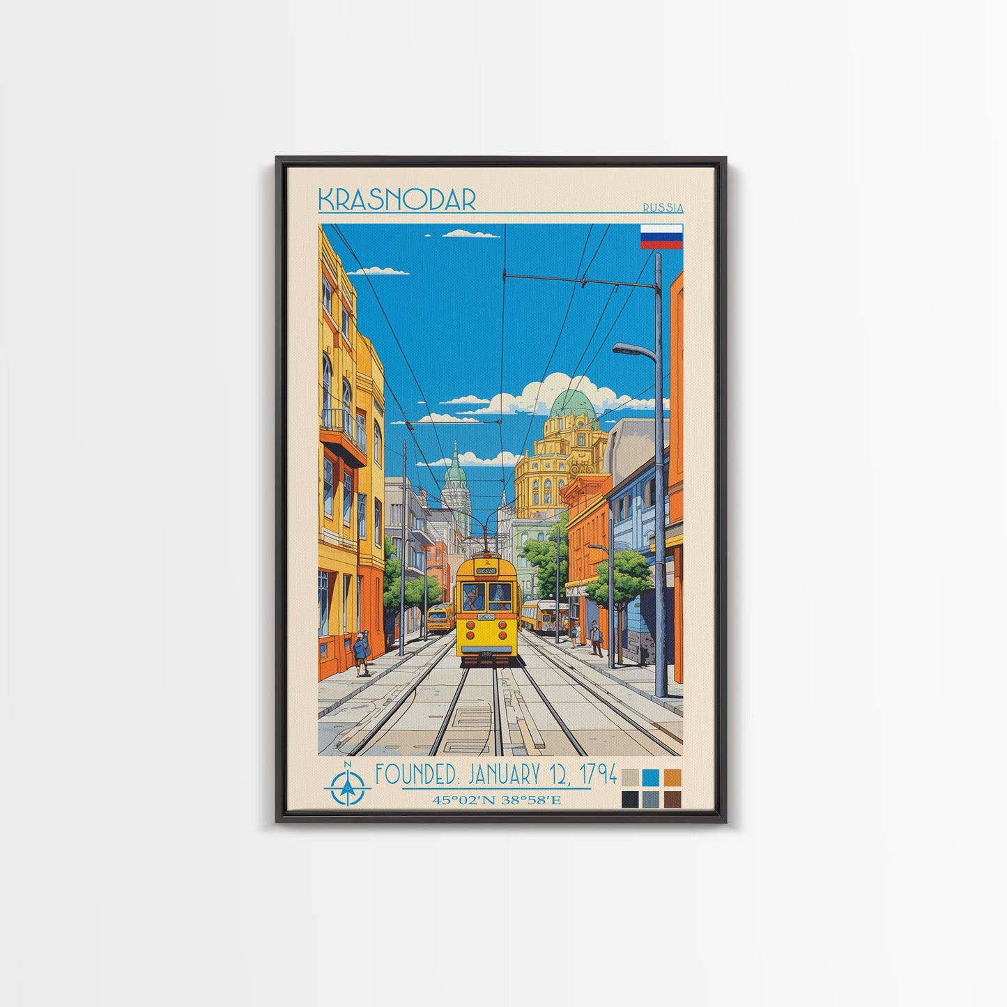 Krasnodar Russia Travel Poster Framed Canvas Print, Midcentury Modern Art, Pop Art Wall Decor, Scenic Wall Art, Living Room Decoration, Office Art