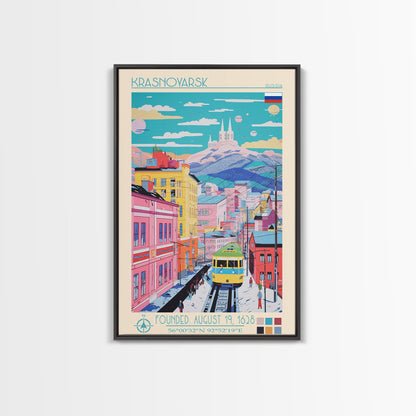 Krasnoyarsk Russia Travel Poster Framed Canvas Print, Midcentury Modern Art, Pop Art Wall Decor, Scenic Bedroom Art, Office Decoration
