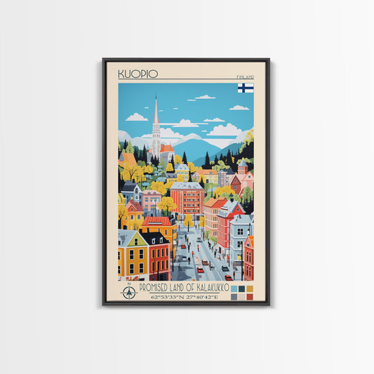 Kuopio Finland Travel Poster Framed Canvas Print, Midcentury Modern Art, Pop Art Wall Decor, Home Decor, Vacation Gift, Bedroom Art
