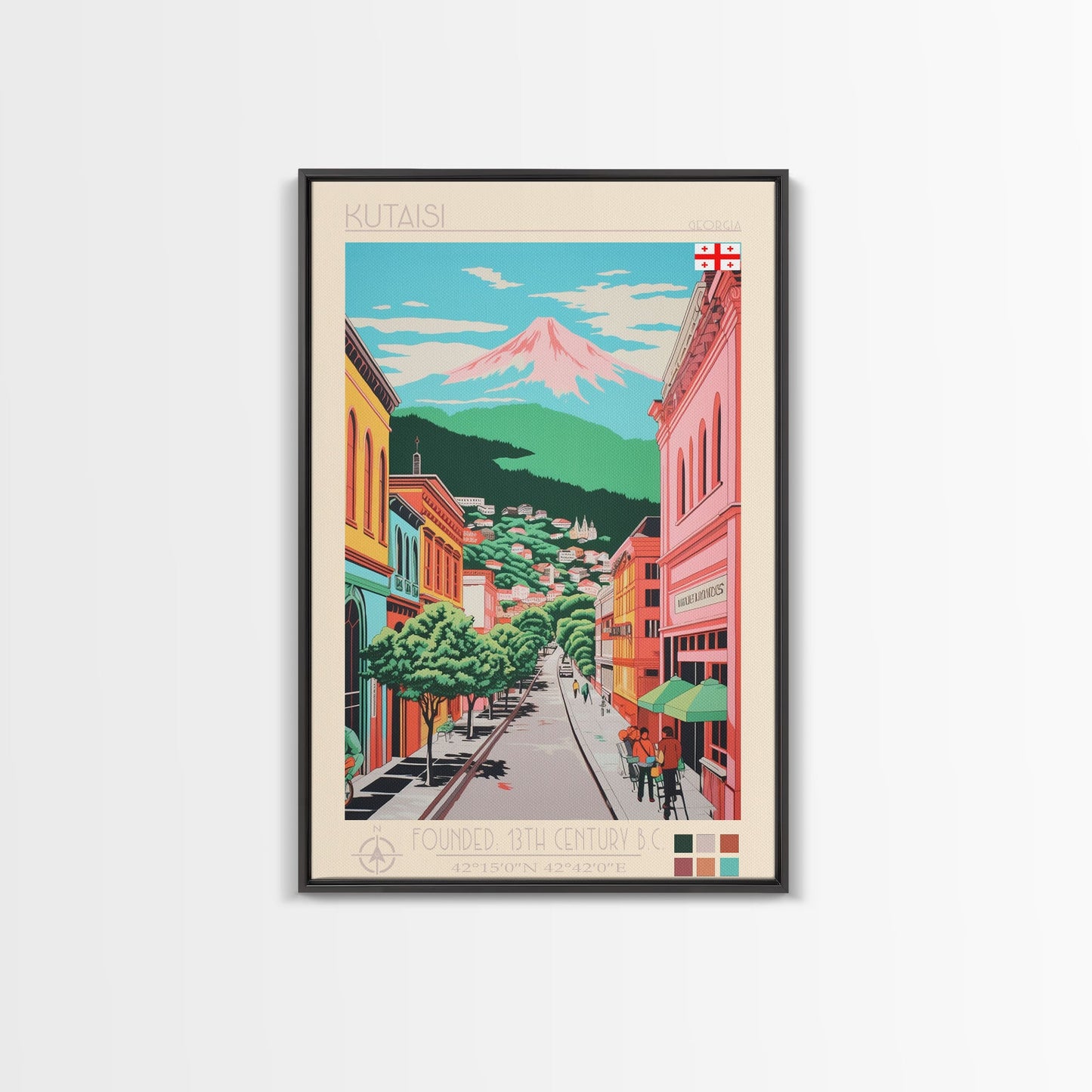Kutaisi Georgia Travel Poster Framed Canvas Print, Midcentury Modern Art, Pop Art Wall Decor, Scenic Living Room Art, Bedroom Decor