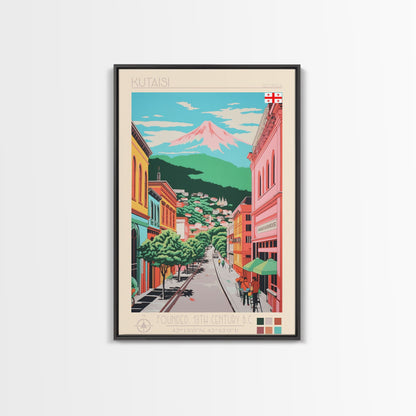 Kutaisi Georgia Travel Poster Framed Canvas Print, Midcentury Modern Art, Pop Art Wall Decor, Scenic Living Room Art, Bedroom Decor