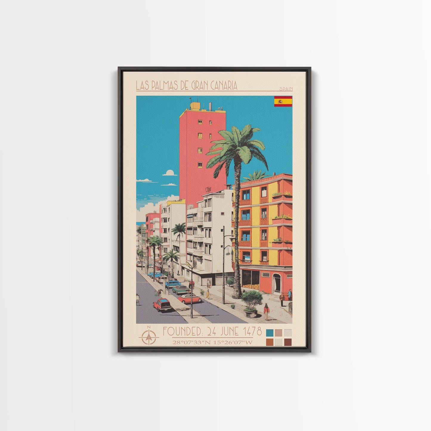 Las Palmas de Gran Canaria Spain Travel Poster Framed Canvas Print, Midcentury Modern Art, Pop Art Wall Decor, Scenic Wall Art, Bedroom Decoration