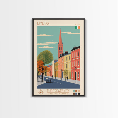 Limerick Ireland Travel Poster Framed Canvas Print, Wall Decor, Midcentury Modern Art, Pop Art, Scenic Art for Bedroom and Office