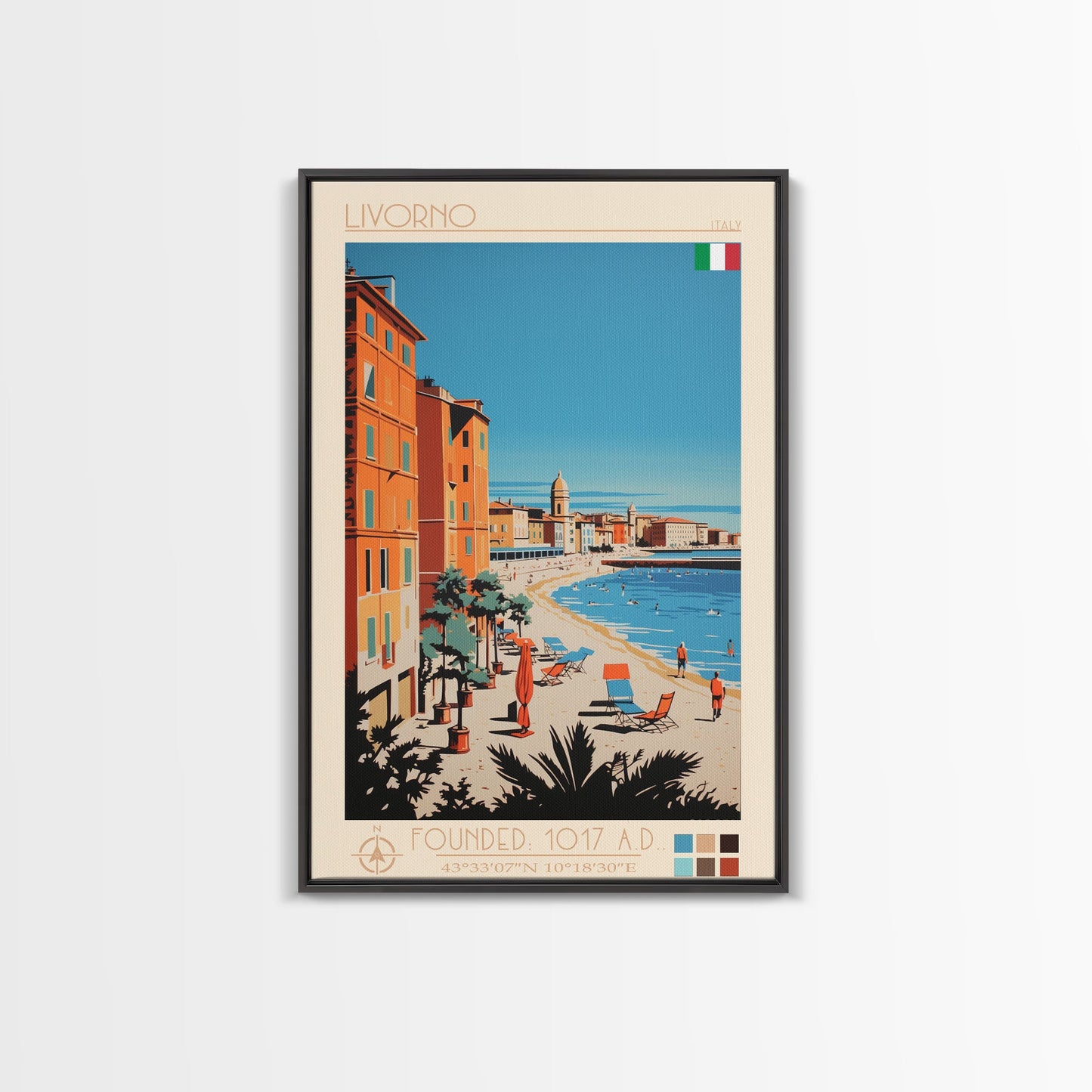 Livorno Italy Travel Poster Framed Canvas Print, Wall Decor, Midcentury Modern Art, Pop Art, Scenic Art for Bedroom and Office
