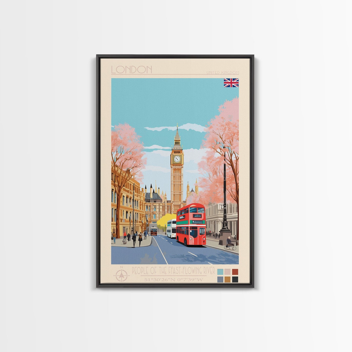 London United Kingdom Travel Poster Framed Canvas Print, Wall Decor, Midcentury Modern Art, Pop Art, Scenic Art for Office and Home