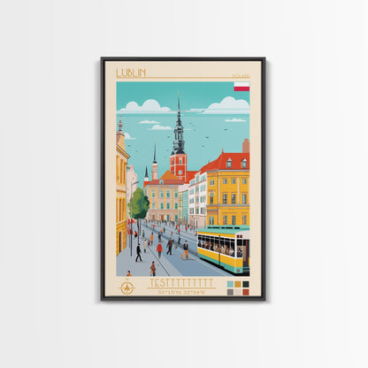 Lublin Poland Travel Poster Framed Canvas Print, Wall Decor, Midcentury Modern Art, Pop Art, Scenic Art for Bedroom and Living Room