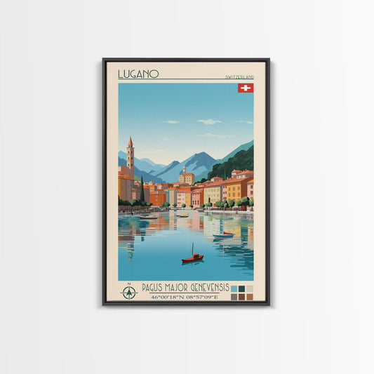 Lugano Switzerland Travel Poster Framed Canvas Print, Midcentury Modern Art, Pop Art Wall Decor, Scenic Art, Bedroom and Living Room Decor