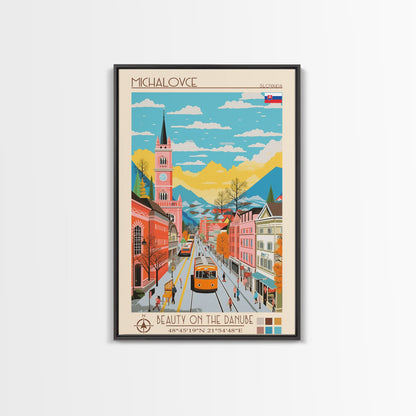 Michalovce Slovakia Travel Poster Framed Canvas Print, Midcentury Modern Art, Pop Art Wall Decor, Scenic Wall Art, Living Room Decoration, Office Art