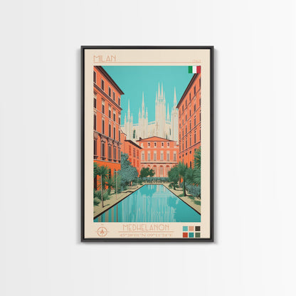 Milan Italy Travel Poster Framed Canvas Print, Midcentury Modern Art, Pop Art Wall Decor, Scenic Bedroom Art, Office Decoration