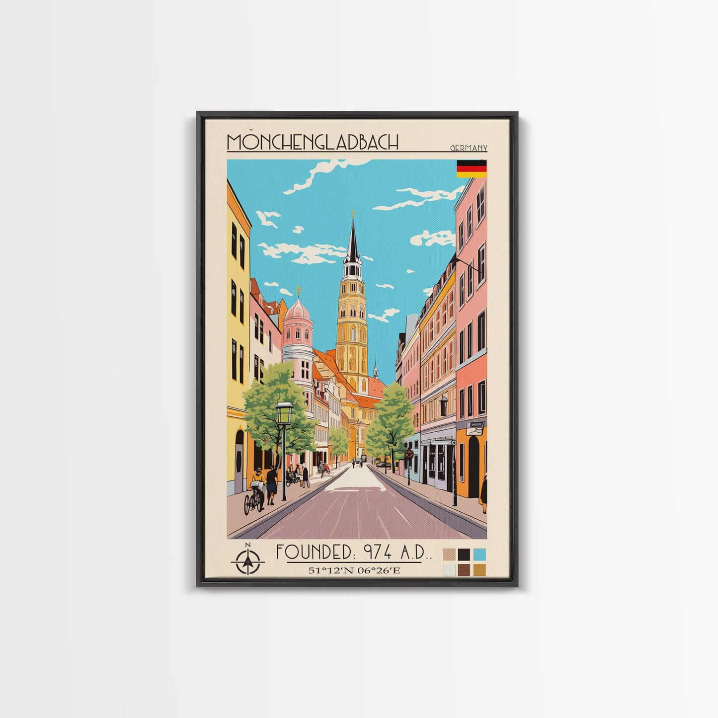 Mönchengladbach Germany Travel Poster Framed Canvas Print, Midcentury Modern Art, Pop Art Wall Decor, Scenic Living Room Art, Bedroom Gift