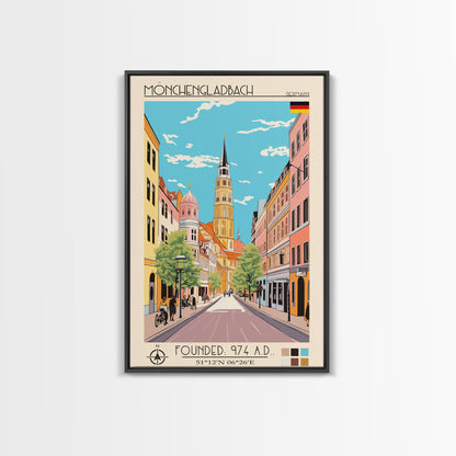 Mönchengladbach Germany Travel Poster Framed Canvas Print, Midcentury Modern Art, Pop Art Wall Decor, Scenic Living Room Art, Bedroom Gift