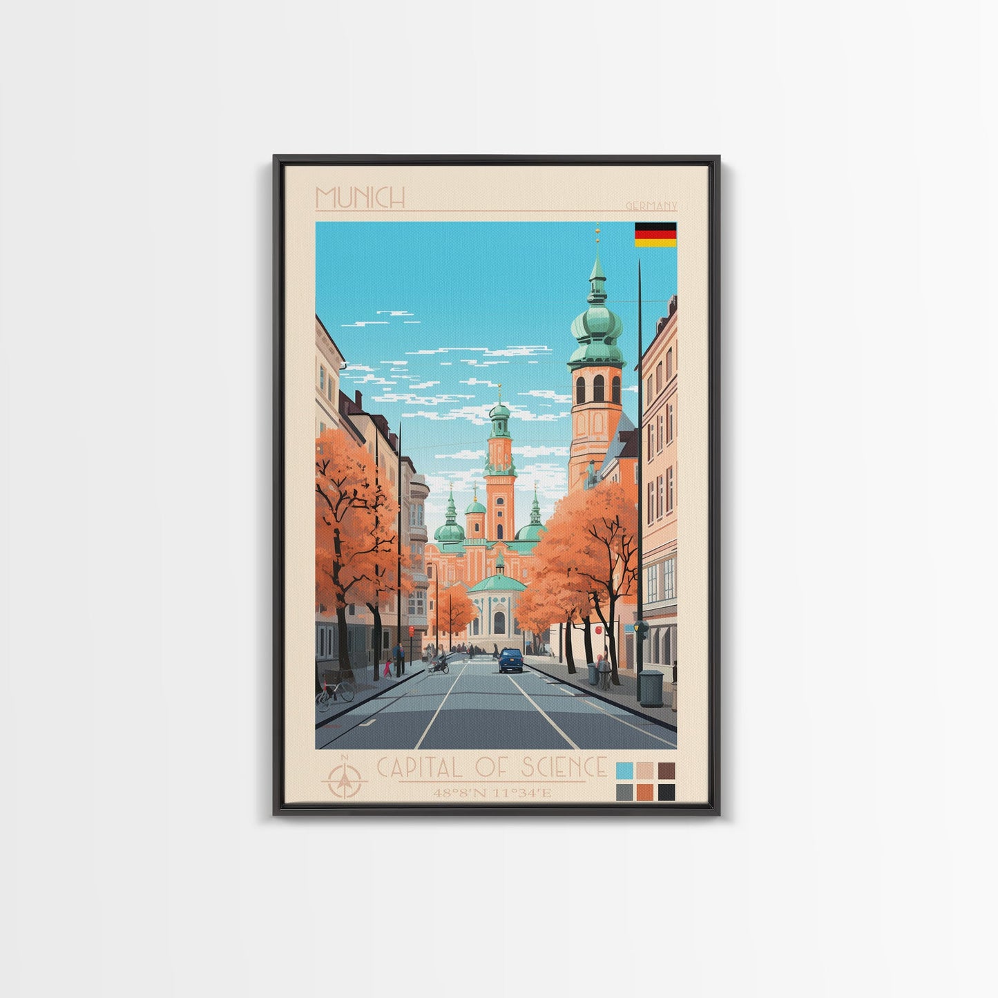 Munich Germany Travel Poster Framed Canvas Print, Midcentury Modern Art, Pop Art Wall Decor, Scenic Wall Art, Living Room Decoration, Office Gift
