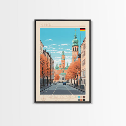 Munich Germany Travel Poster Framed Canvas Print, Midcentury Modern Art, Pop Art Wall Decor, Scenic Wall Art, Living Room Decoration, Office Gift