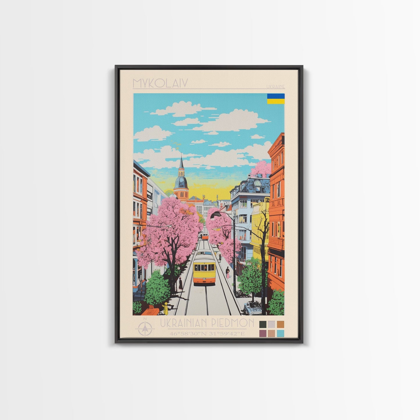 Mykolaiv Ukraine Travel Poster Framed Canvas Print, Midcentury Modern Art, Pop Art Wall Decor, Scenic Bedroom Art, Office Decoration