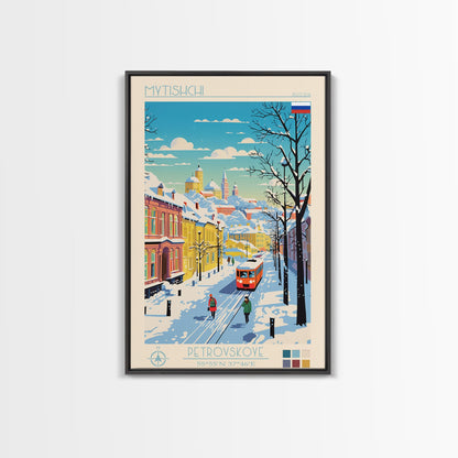 Mytishchi Russia Travel Poster Framed Canvas Print, Midcentury Modern Art, Pop Art Wall Decor, Scenic Living Room Art, Bedroom Decor