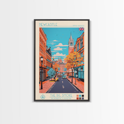 Newcastle United Kingdom Travel Poster Framed Canvas Print, Midcentury Modern Art, Pop Art Wall Decor, Scenic Living Room Art, Bedroom Decor