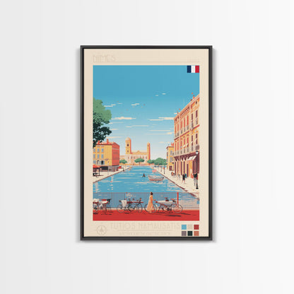 Nimes France Travel Poster Framed Canvas Print, Midcentury Modern Art, Pop Art Wall Decor, Scenic Living Room Art, Bedroom Gift