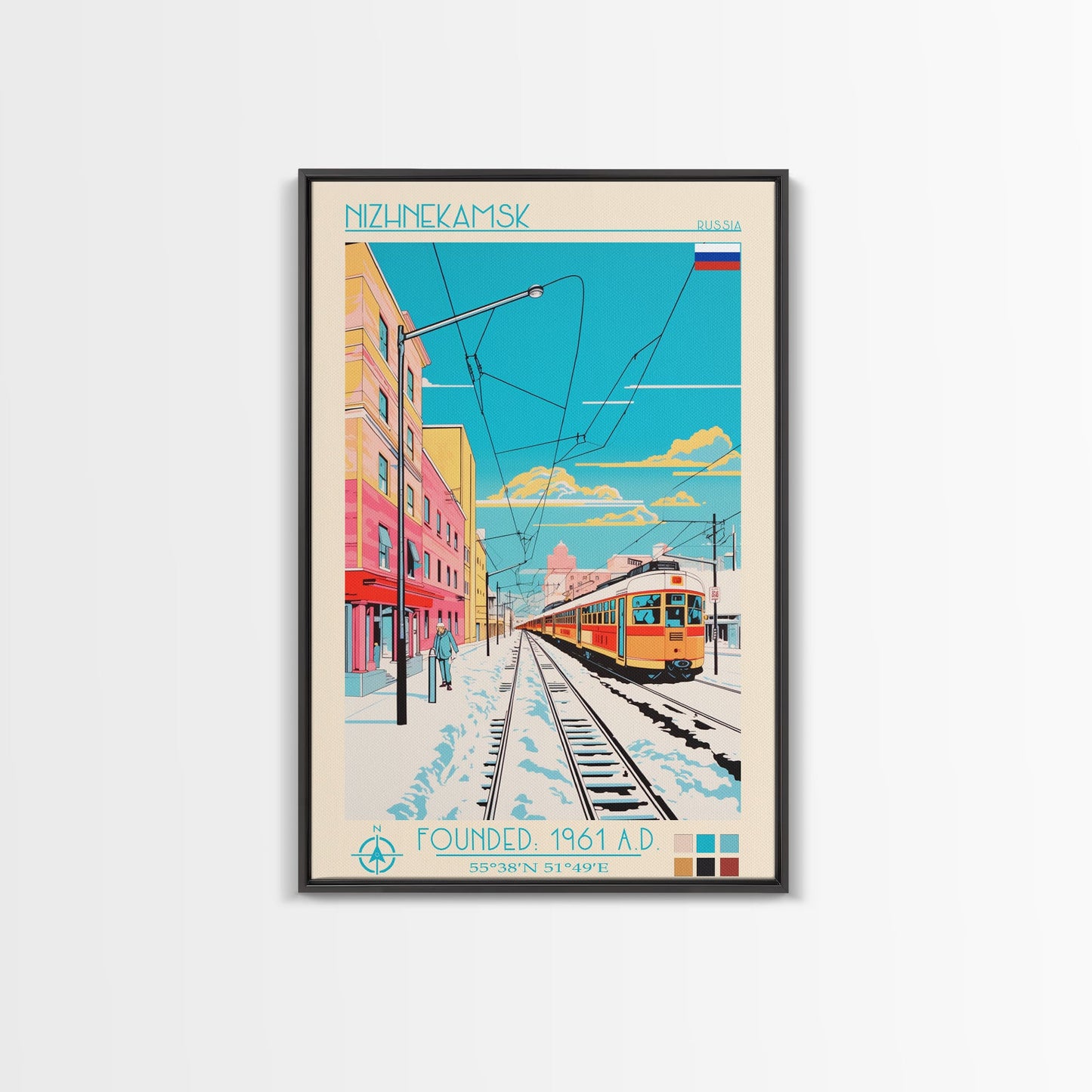 Nizhnekamsk Russia Travel Poster Framed Canvas Print, Midcentury Modern Art, Pop Art Wall Decor, Scenic Wall Art, Bedroom Decoration