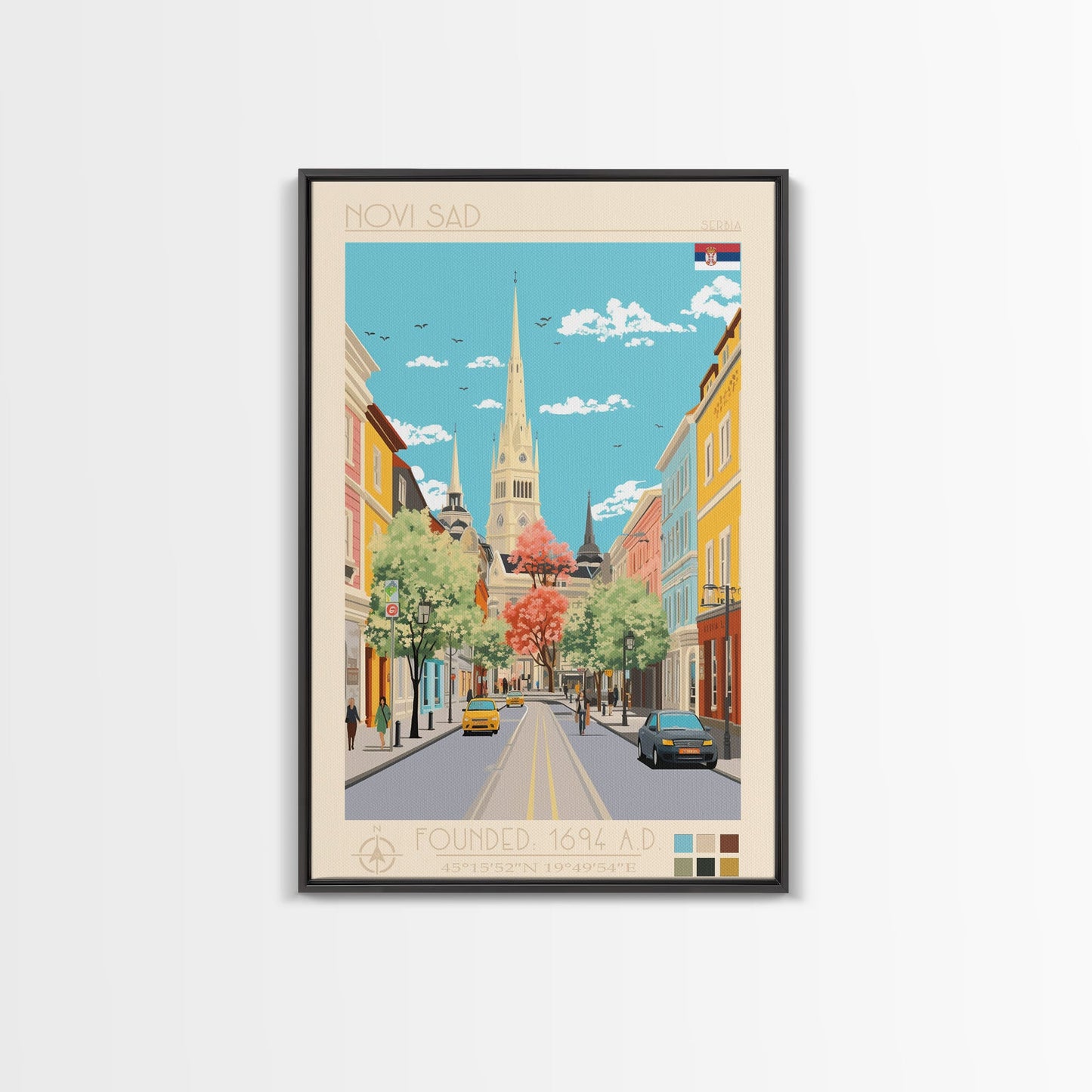 Novi Sad Serbia Travel Poster Framed Canvas Print, Midcentury Modern Art, Pop Art Wall Decor, Scenic Wall Art, Bedroom Decoration