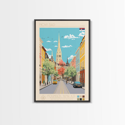 Novi Sad Serbia Travel Poster Framed Canvas Print, Midcentury Modern Art, Pop Art Wall Decor, Scenic Wall Art, Bedroom Decoration