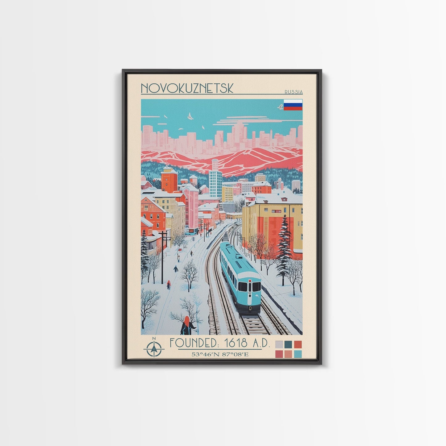 Novokuznetsk Russia Travel Poster Framed Canvas Print, Midcentury Modern Art, Pop Art Wall Decor, Scenic Wall Art, Living Room Decoration, Office Art