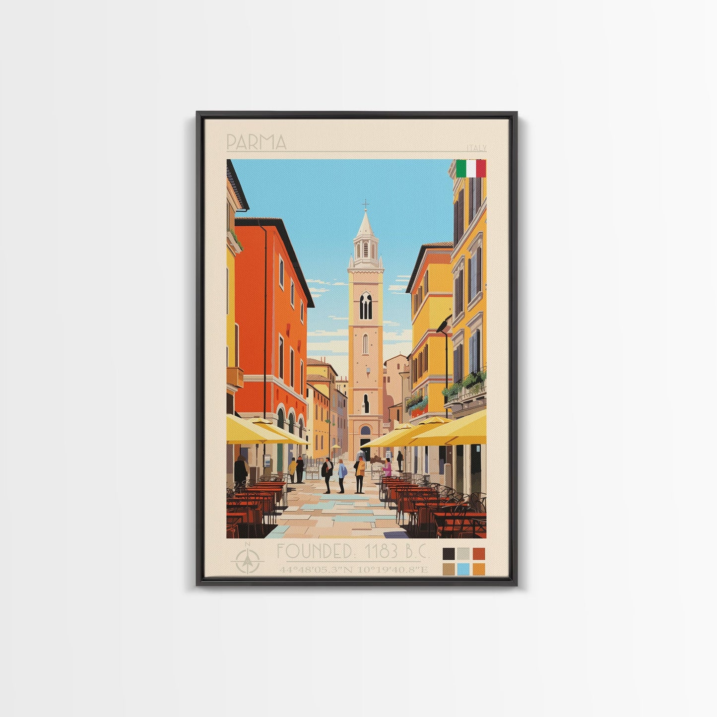 Parma Italy Travel Poster Framed Canvas Print, Midcentury Modern Art, Pop Art Wall Decor, Scenic Wall Art, Bedroom Decoration