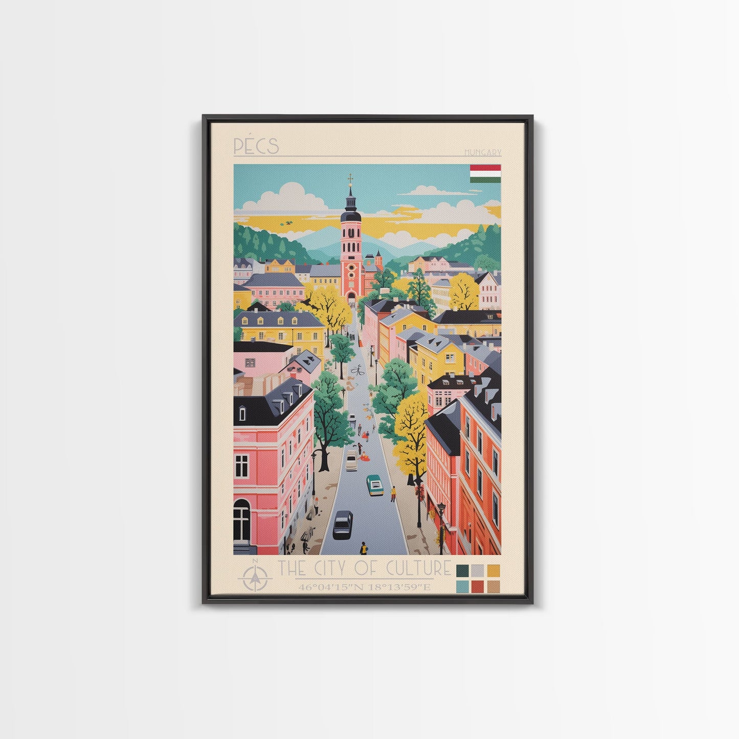 Pécs Hungary Travel Poster Framed Canvas Print, Midcentury Modern Art, Pop Art Wall Decor, Living Room Art, Home Decoration