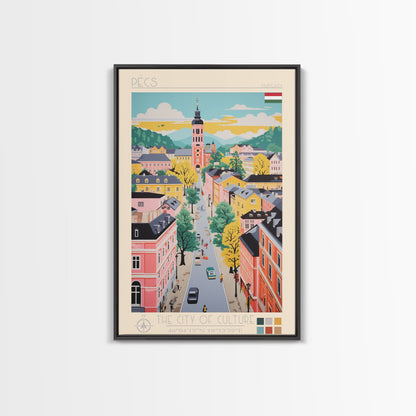 Pécs Hungary Travel Poster Framed Canvas Print, Midcentury Modern Art, Pop Art Wall Decor, Living Room Art, Home Decoration