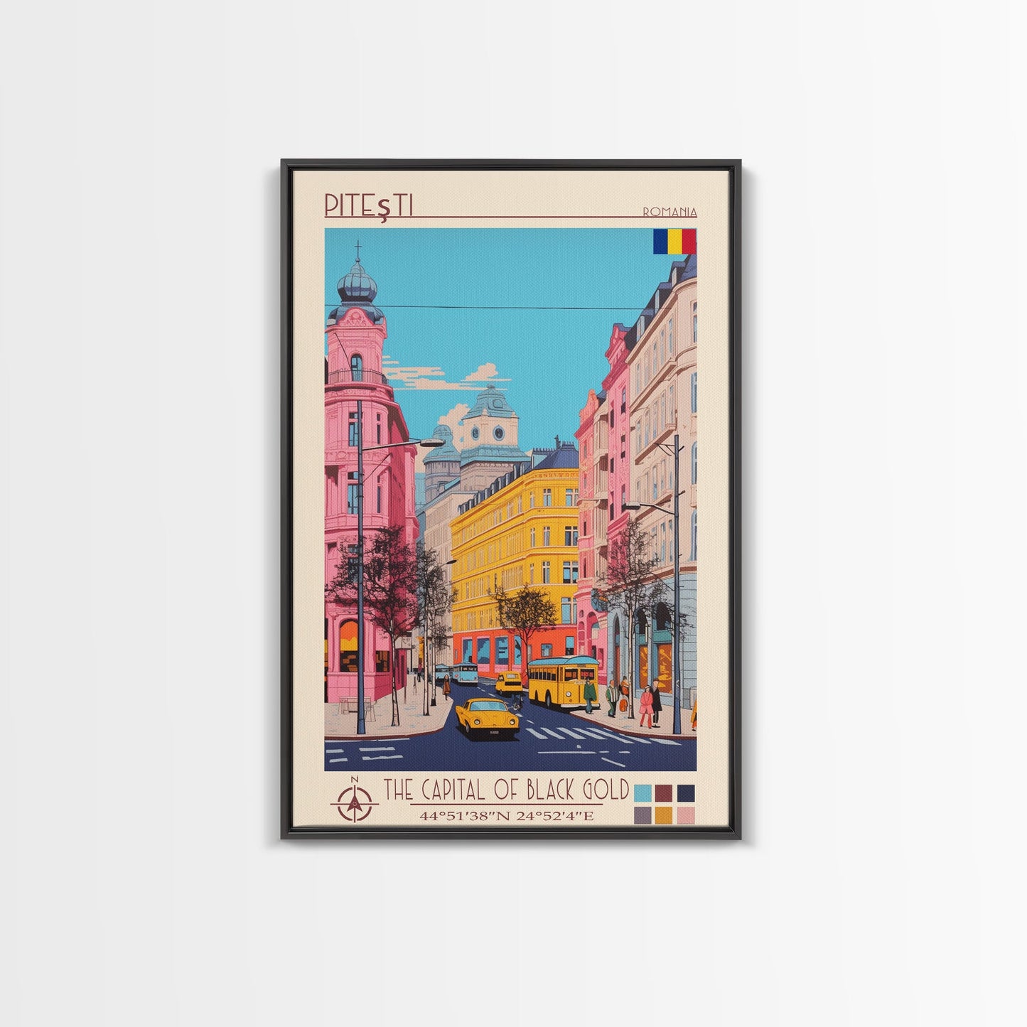 Pitești Romania Travel Poster Framed Canvas Print, Midcentury Modern Art, Pop Art Wall Decor, Home Decor, Vacation Gift, Bedroom Art