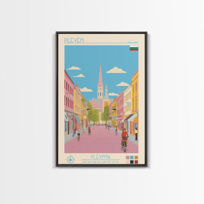 Pleven Bulgaria Travel Poster Framed Canvas Print, Midcentury Modern Art, Pop Art Wall Decor, Scenic Wall Art, Living Room Decoration, Office Gift