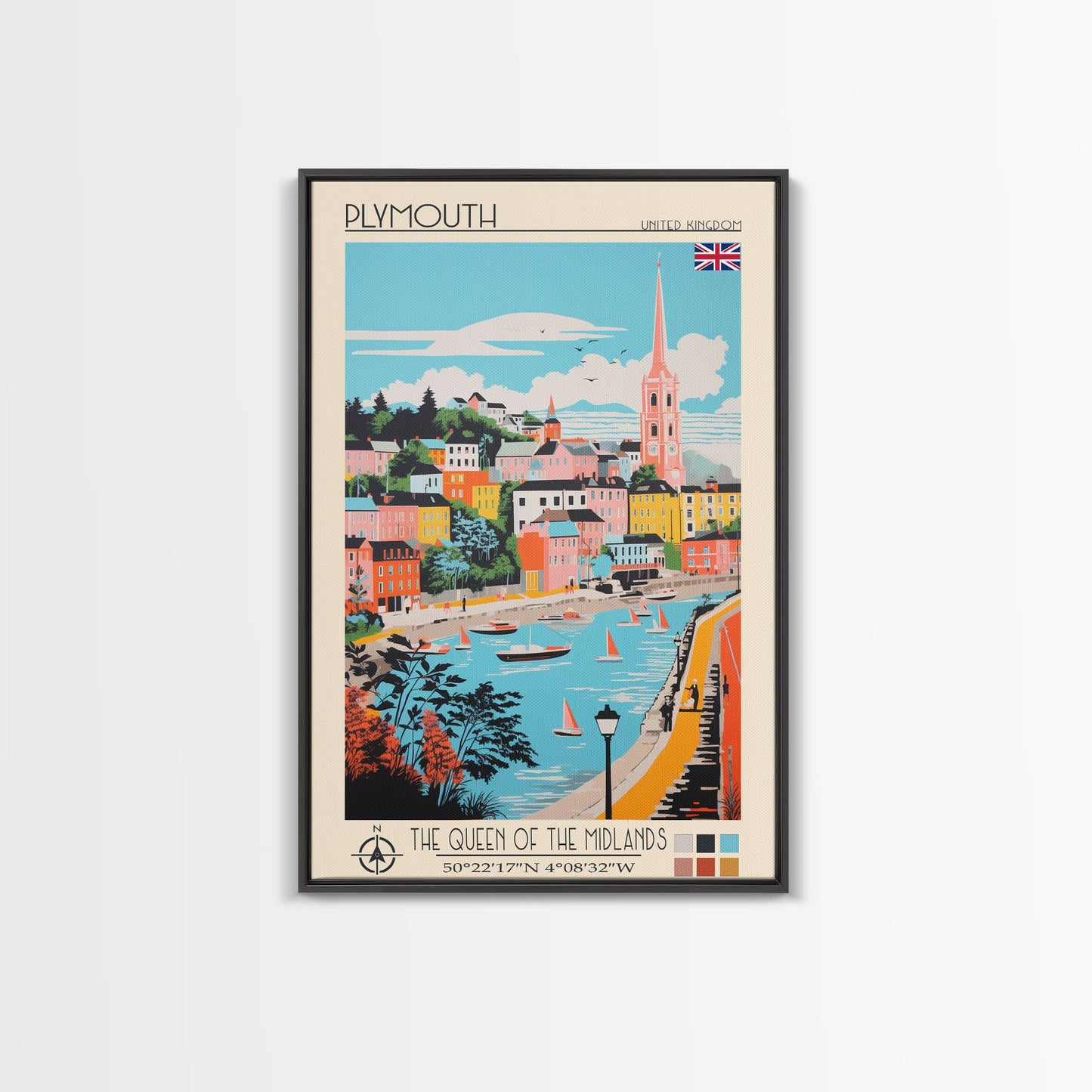 Plymouth United Kingdom Travel Poster Framed Canvas Print, Midcentury Modern Art, Pop Art Wall Decor, Scenic Bedroom Art, Office Decoration