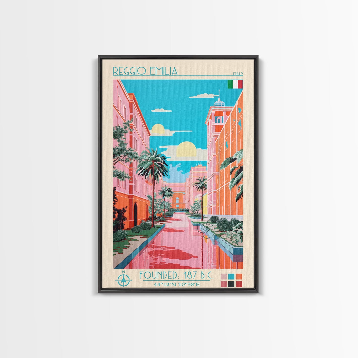 Reggio Emilia Italy Travel Poster Framed Canvas Print, Midcentury Modern Art, Pop Art Wall Decor, Scenic Wall Art, Living Room Decoration, Office Art