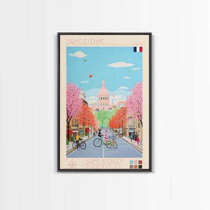 Saint-Étienne France Travel Poster Framed Canvas Print, Midcentury Modern Art, Pop Art Wall Decor, Living Room Art, Vacation Gift