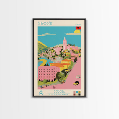 Shkodër Albania Travel Poster Framed Canvas Print, Midcentury Modern Art, Pop Art Wall Decor, Scenic Wall Art, Bedroom Decoration