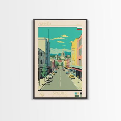 Shumen Bulgaria Travel Poster Framed Canvas Print, Midcentury Modern Art, Pop Art Wall Decor, Home Decor, Office Decoration, Scenic Art